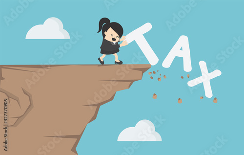 Businesswomen is pushing the tax message to fall off the cliff, bill and debt concept