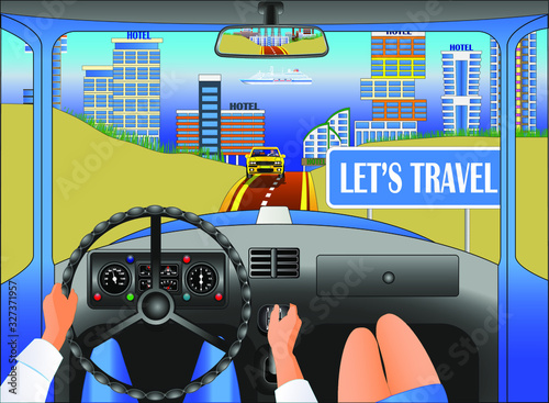 Road to city, view from truck or bus cabin, vector
