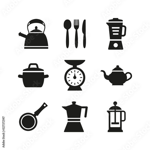 Kitchen and cooking icons set on white background.