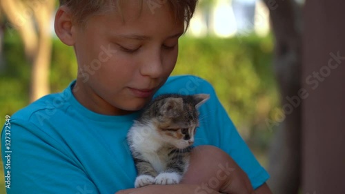 Closeup view video of cute white yoing kid holding pretty little baby kitten in hands with tenderness and love. photo