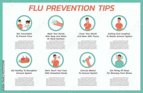 flu prevention tips infographic, healthcare and medical about fever protection, vector flat symbol icon, layout, template illustration in horizontal design
