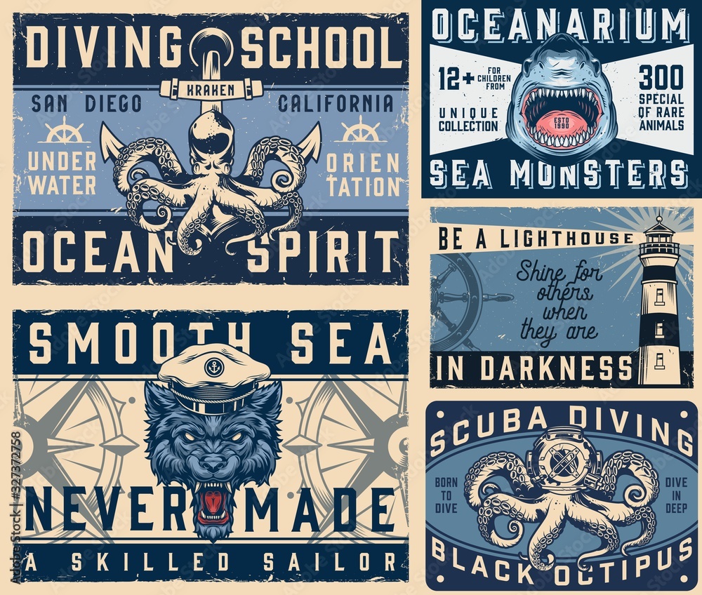 Nautical vintage colorful horizontal posters