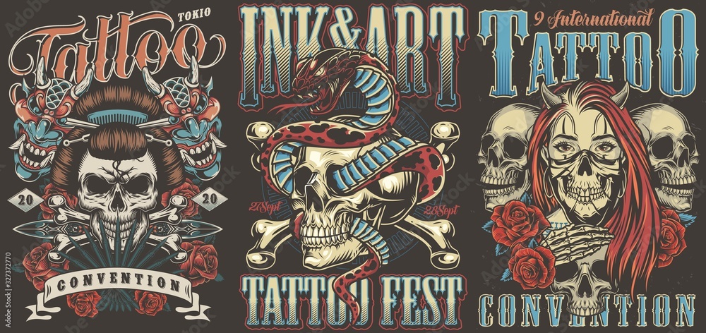 Tattoo conventions colorful vintage posters