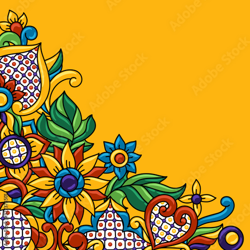 Background with mexican talavera pattern. Decoration with ornamental flowers.