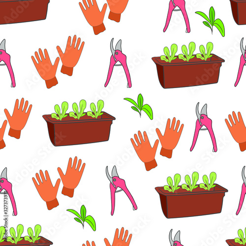 Gardening tools on a white background. Watering can, garden pitchfork, clippers, plants, sprouts on a white background. Isolated.