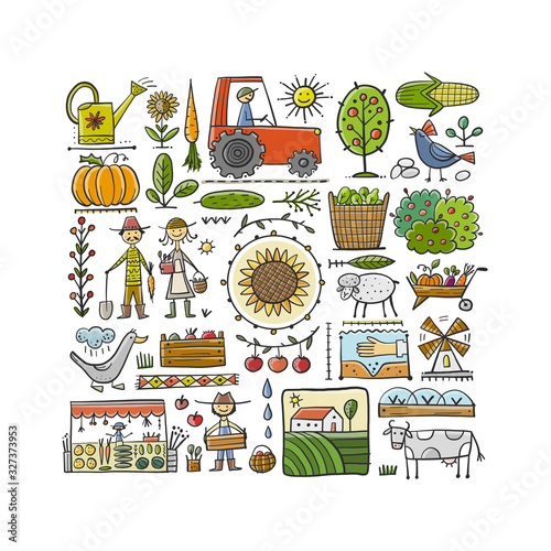 Organic Farm Background For your Design. Harvest Festival. Agriculture collection. Organic farming eco concept. Fresh products, locally grown and organic food. Farmer's Market.