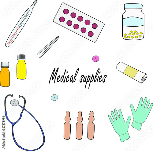 A medical supplies, set on a white background. Medical instruments.. Isolated objects.