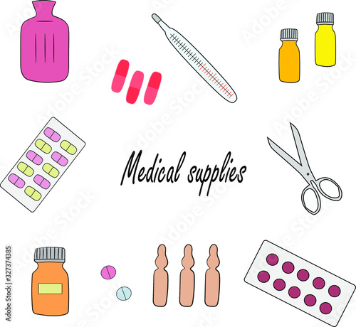 A medical supplies, set on a white background. Medical instruments.. Isolated objects.