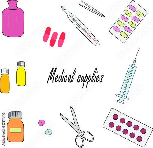 A medical supplies, set on a white background. Medical instruments.. Isolated objects.