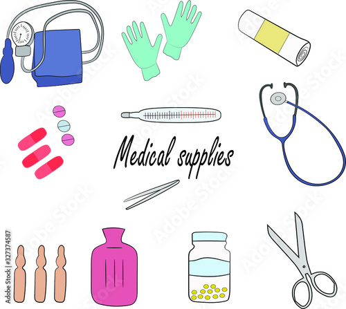 A medical supplies, set on a white background. Medical instruments.. Isolated objects.