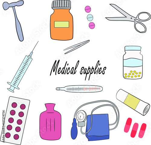A medical supplies, set on a white background. Medical instruments.. Isolated objects.