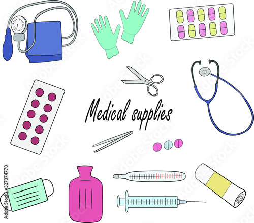 A medical supplies, set on a white background. Medical instruments.. Isolated objects.