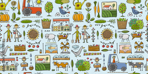 Organic Farm Seamless Pattern Background For your Design. Harvest Festival. A...