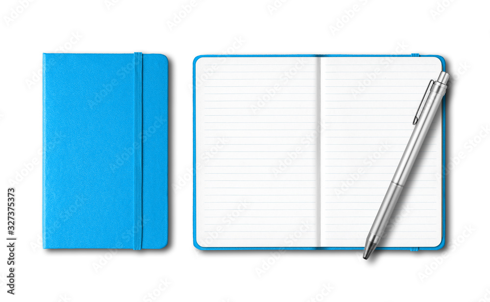 Cyan blue closed and open notebooks with a pen isolated on white Cyan blue closed and open notebooks with a pen isolated on white