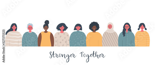 Women's community. Female solidarity. Stronger together. International Women's Day concept. There are women of different races, different ages in the picture. People icons. Vector illustration.