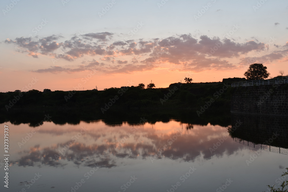 Beautiful Nature Sunset on the fort with water reflection 