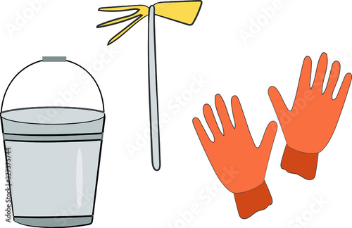 Garden tools for working on a white background, isolated. Set. Bucket, gloves, rake. Vector image.