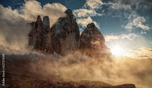 Tres cimes in the dolomites at sunset photo