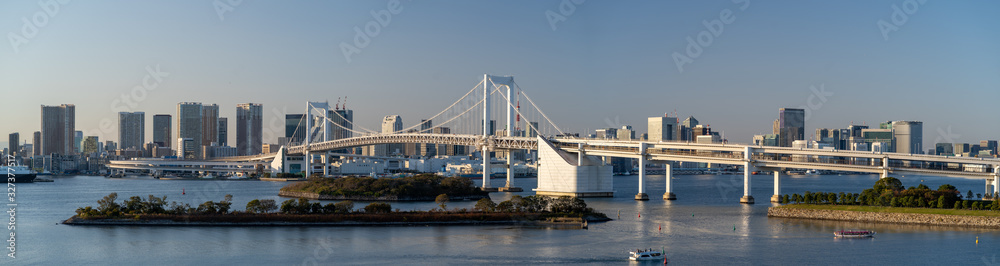 Panaorama view of Rainbow bridge from Odaiba Tokyo Japan