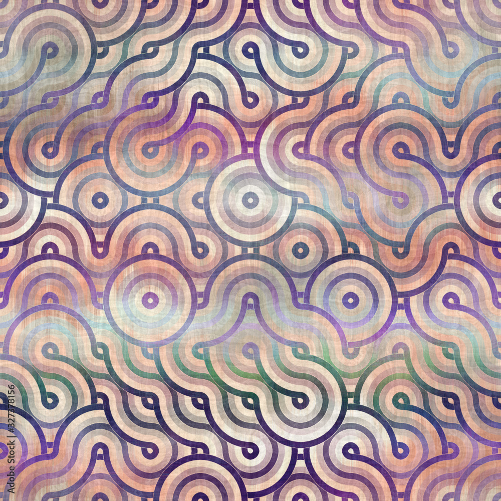 Seamless purple and peach ombre fade painterly watercolor wash infinite circle maze pattern graphic design. Seamless repeat raster jpg pattern swatch.