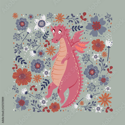 Dragon with the flowers card design.Childish background with a dragon in a square frame. Can be used poster, greeting card, gift, banner, textile, T-shirt, mug.
