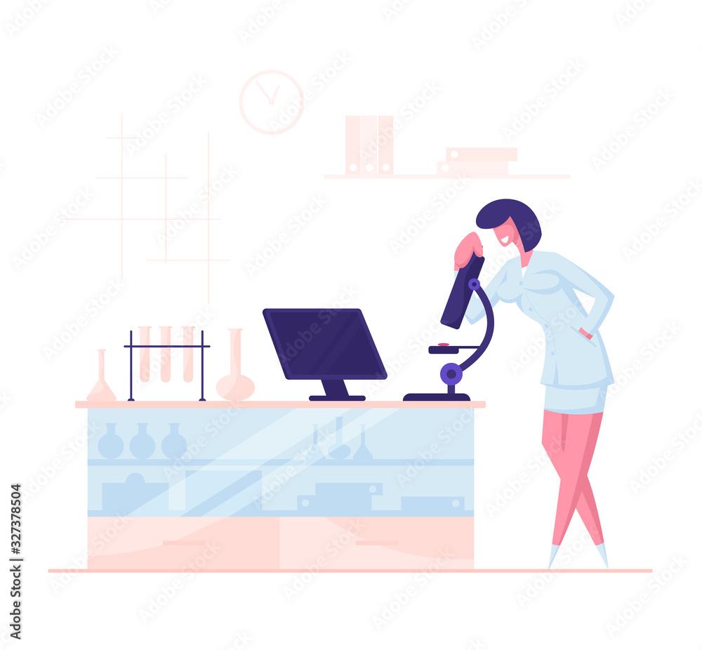 Pharmaceutic or Chemical Laboratory Research, Experiment Concept. Woman Scientist Character Working in Chemistry Lab with Medical Equipment Microscope Flask Pipette Cartoon Flat Vector Illustration