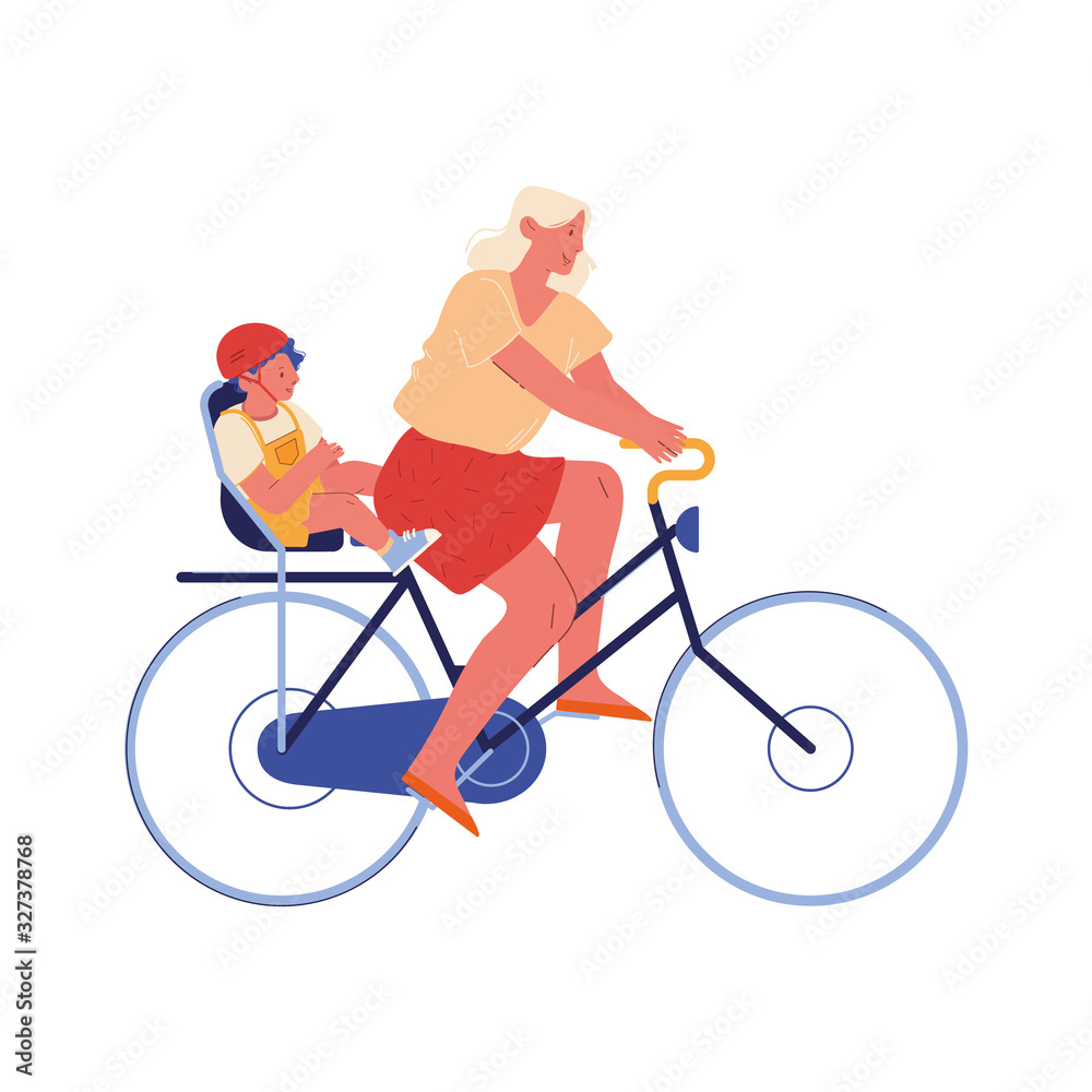 Young Mother and Little Baby Riding Bicycle, Child Wearing Helmet Sitting on Trunk. Happy Family Spare Time and Sport Activity, Bike Transportation at Summer Time Cartoon Flat Vector Illustration