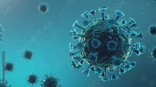 Coronavirus outbreak. Pathogen affecting the respiratory tract. COVID-19 infection. Concept of a pandemic, viral infection. Coronavirus inside a human. Viral infection, 3D illustration © rost9
