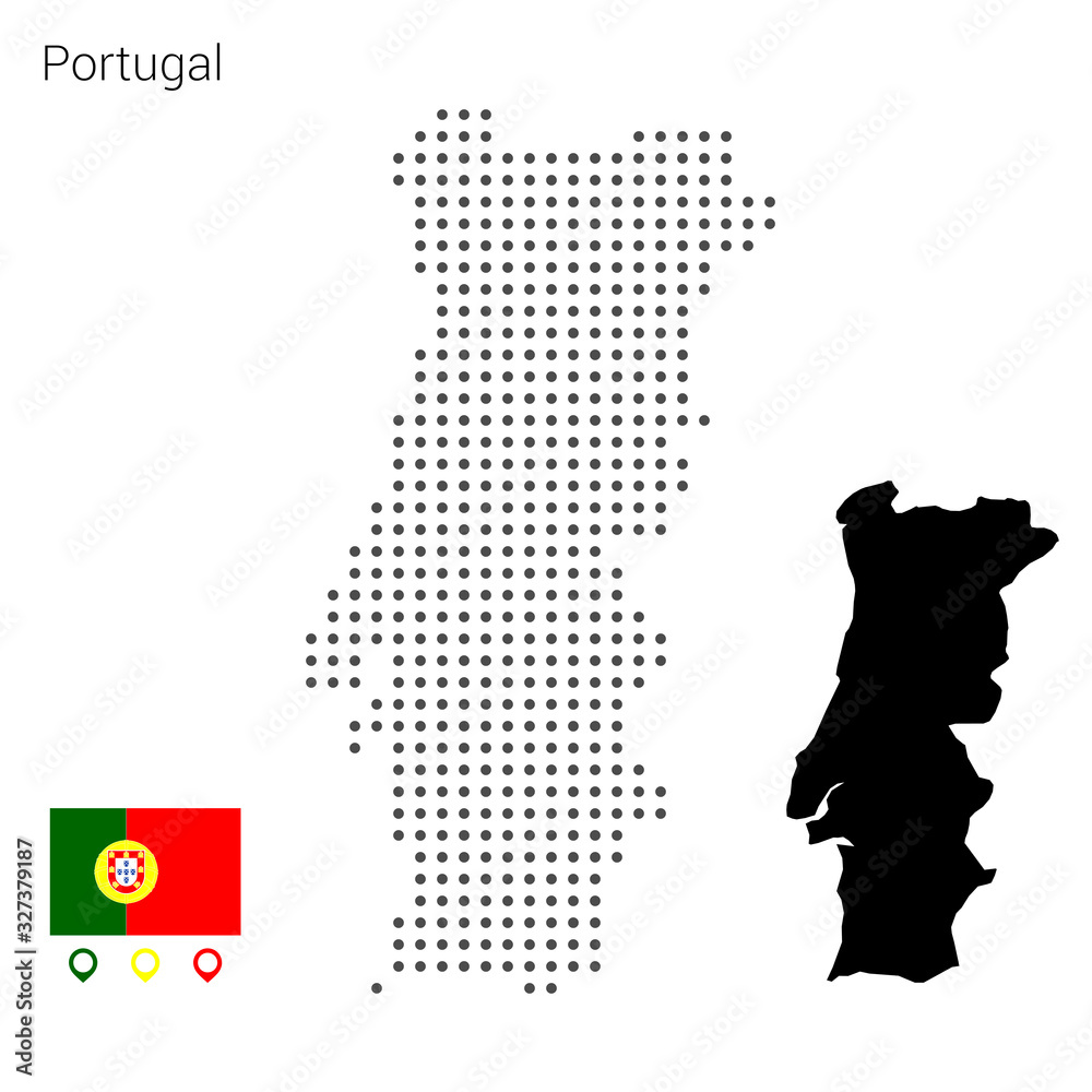 Map of Portugal vector dotted, with flag and pin