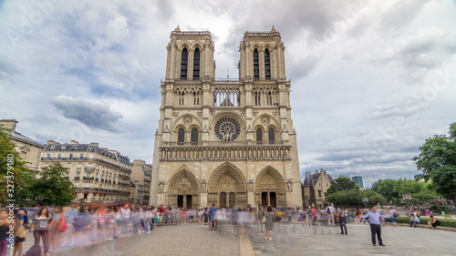 Front view of Notre-Dame de Paris timelapse , a medieval Catholic cathedral on the Cite Island in Paris, France