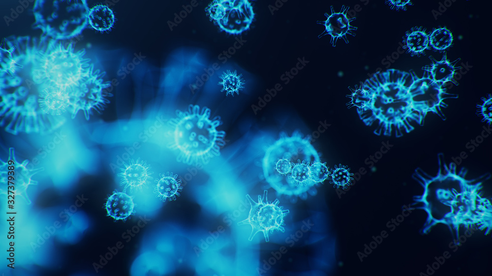Outbreak of coronavirus, flu virus and 2019-nCov. Concept of a pandemic, epidemic for human cells. COVID-19 under the microscope, pathogen affecting the respiratory system, 3d illustration - obrazy, fototapety, plakaty 