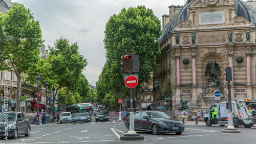 Photography Street view of Place Saint-Michel with ancient fountain timelapse, Paris