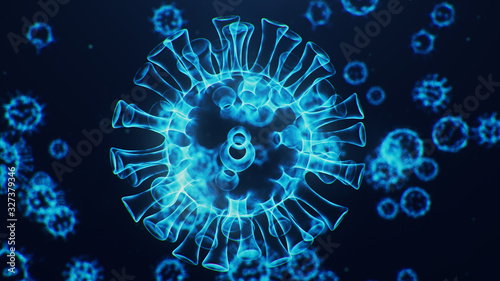 Outbreak of coronavirus, flu virus and 2019-nCov. Human cells, the virus infects cells. COVID-19 under the microscope, pathogen affecting the respiratory system, 3d illustration © rost9