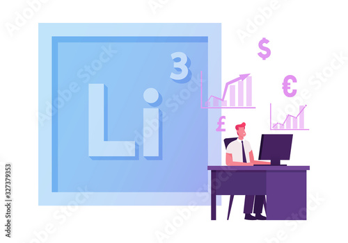 Businessman Trader or Broker Selling and Buying Currency, Precious Metals and Lithium on Stock Market. Mendeleev Table Chemical Element, Chemistry Science, Business Cartoon Flat Vector Illustration