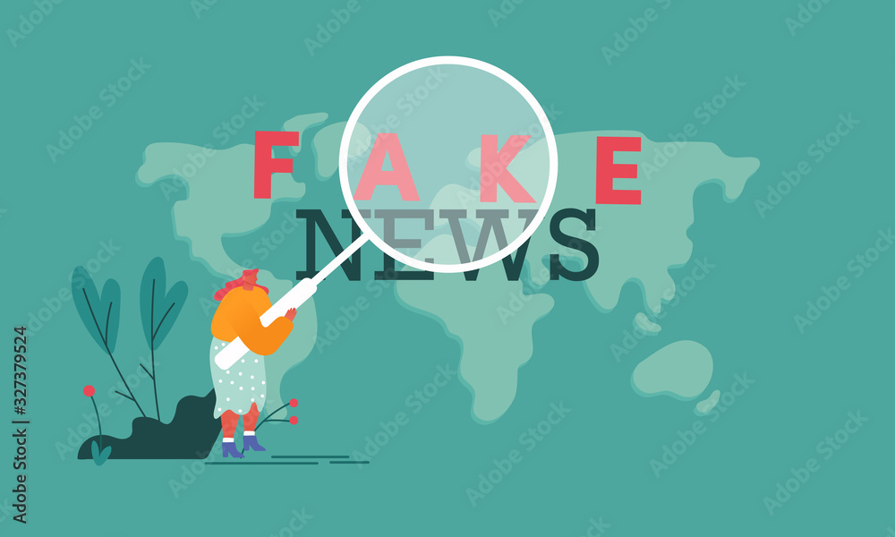 Social Media Forgery Information Concept. Woman with Huge Magnifying Glass Looking on Fake News Typography at World Map Background Poster Banner Flyer Brochure. Cartoon Flat Vector Illustration Social Media Forgery Information Concept. Woman with Huge Magnifying Glass Looking on Fake News Typography at World Map Background Poster Banner Flyer Brochure. Cartoon Flat Vector Illustration