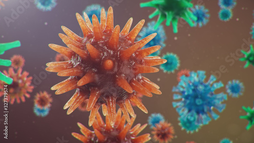 3D illustration Coronavirus concept under the microscope. Spread of the virus within the human. Epidemic, pandemic affecting the respiratory tract. Fatal viral infection © rost9