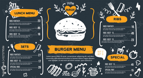 Burger menu with doodle icons and sketch burger, food background, chackboard cafe design, grill brochure, cooking flyer