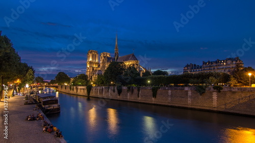 Cathedral Notre Dame de Paris day to night timelapse after sunset in Paris  France.