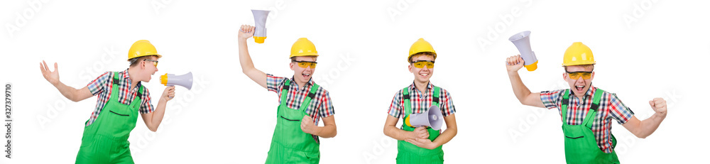 Funny construction worker with loudspeaker on white Funny construction worker with loudspeaker on white