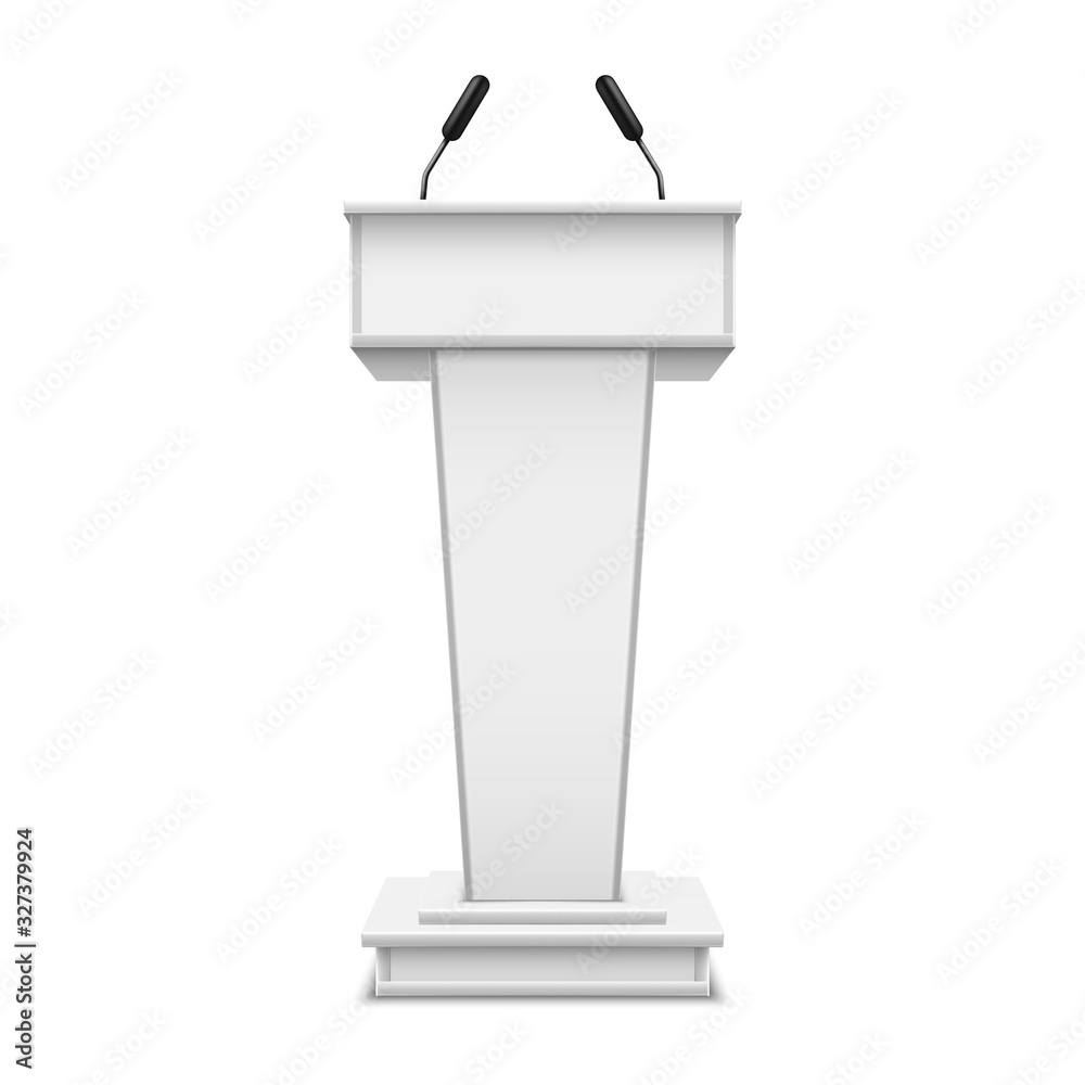 White realistic podium with microphone or pulpit with mic, debate tribune or speech rostrum. Platform for conference speaker or press, lecture or seminar, presentation, communication. Grandstand