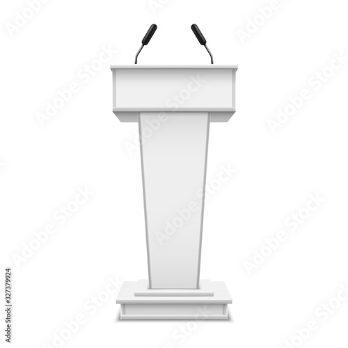 White realistic podium with microphone or pulpit with mic, debate tribune or speech rostrum. Platform for conference speaker or press, lecture or seminar, presentation, communication. Grandstand
