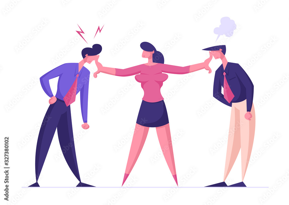 Businesswoman Mediator Trying to Stop Arguing Businessmen. Disagreement, Men Prepare to Fight. Business Competition for Leadership, Challenge Different Point of View. Cartoon Flat Vector Illustration Businesswoman Mediator Trying to Stop Arguing Businessmen. Disagreement, Men Prepare to Fight. Business Competition for Leadership, Challenge Different Point of View. Cartoon Flat Vector Illustration
