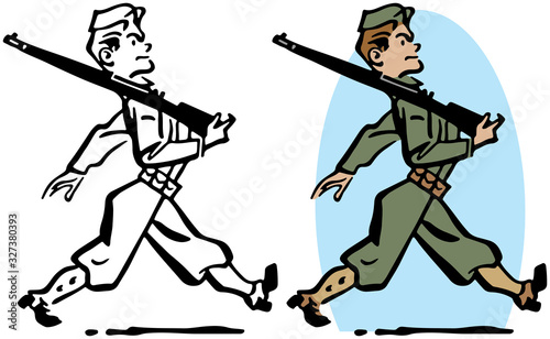 A cartoon of an army soldier with a rifle marching into battle