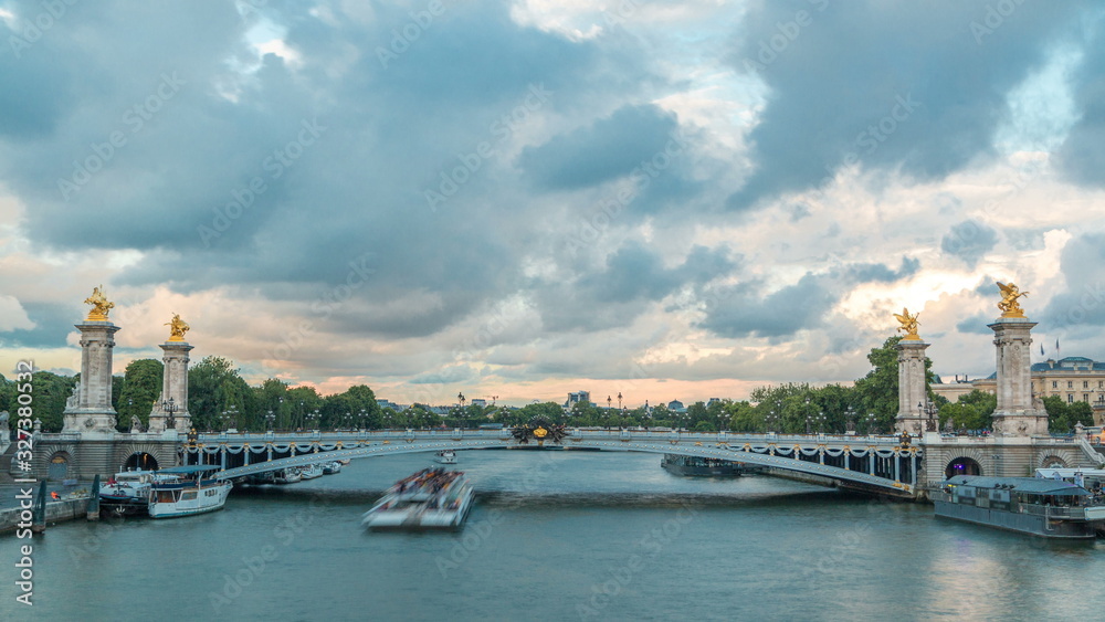 Fototapeta premium Bridge of Alexandre III spanning the river Seine timelapse. Paris. France.