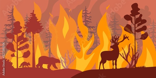 Silhouettes of wild animals at fire forest vector flat illustration. Cartoon deer  bear and badger escape from wildfire saving life from dangerous catastrophe flame graphic design