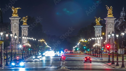 View of Avenue du Marechal Gallieni with traffic night timelapse. Paris, France