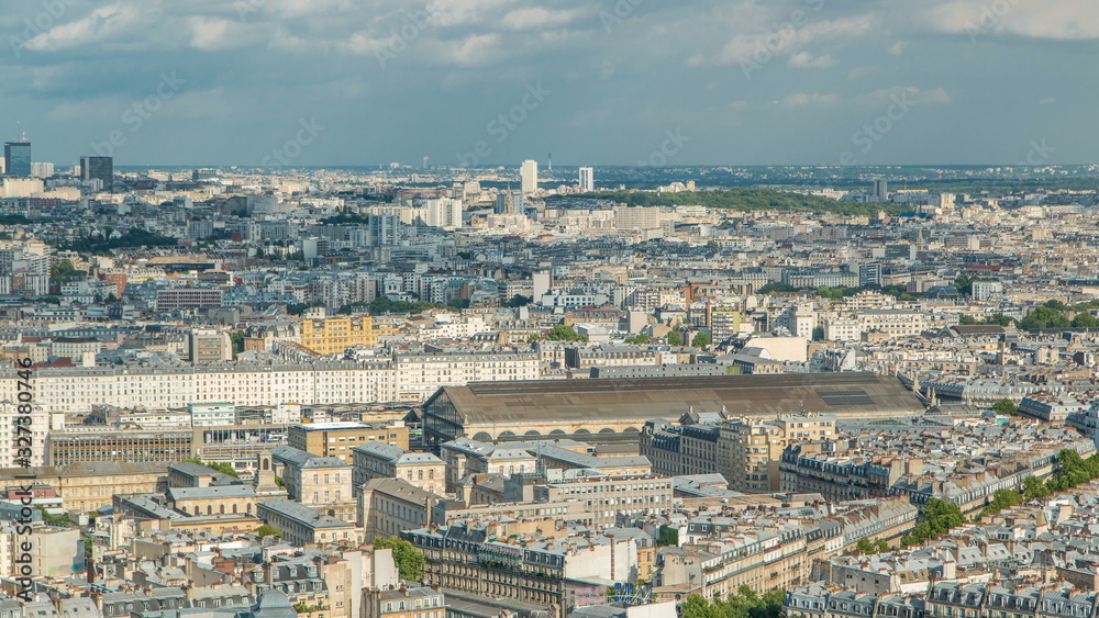 Panorama of Paris timelapse, France. Top view from Sacred Heart Basilica of Montmartre Sacre-Coeur .