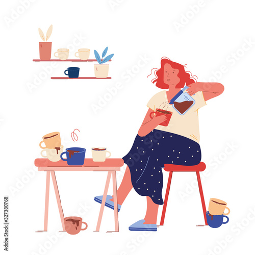 Young Woman Sitting on Kitchen with Cup of Coffee in Hand and Many Dirty Mugs around at Home. Female Character Having Caffeine Addiction, Bad Habit. Drink Beverage Cartoon Flat Vector Illustration