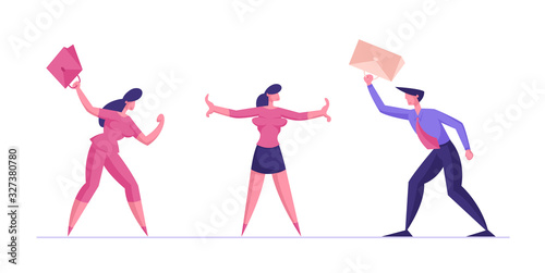 Mediator Girl Prevent Battle of Business Man and Businesswoman Enemies or Opponents Arguing and Staring Each Other Waving Bags. Quarrel or Conflict Between Colleagues Cartoon Flat Vector Illustration