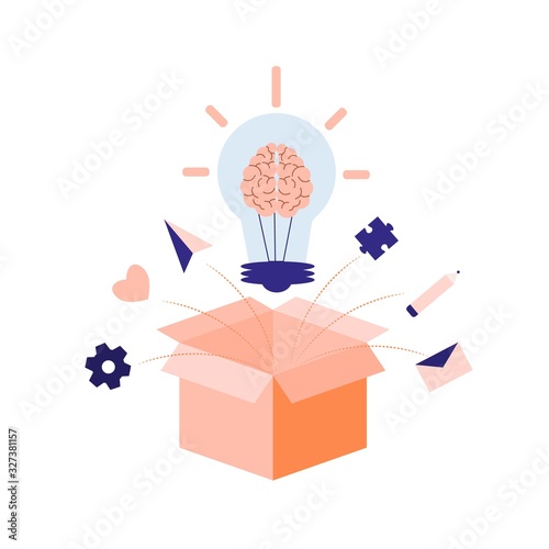 Colorful light lamp with brain generate innovation idea vector graphic illustration. Think outside box, brainstorming, imagination and inspiration concept isolated on white background